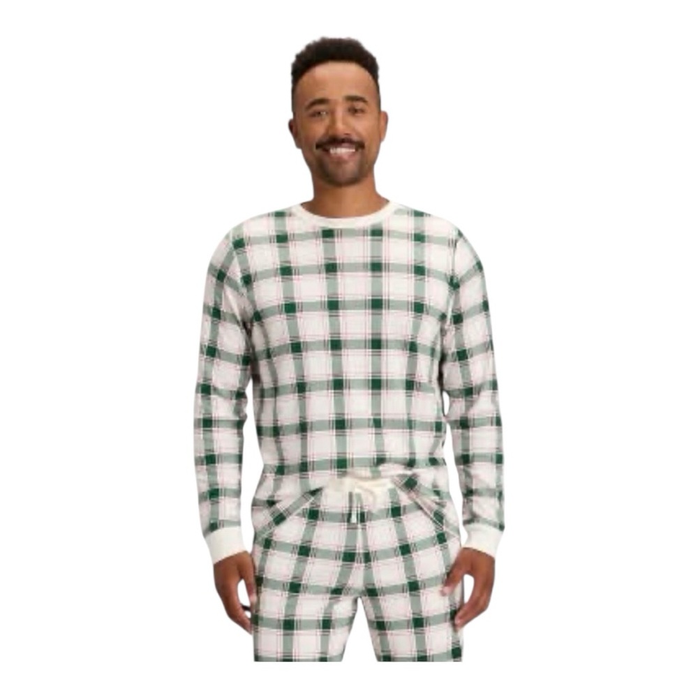 NWT Wondershop Men's Ribbed Plaid Long Sleeve Holiday Pajama Shirt- Cream L - Picture 1 of 8